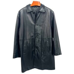 VTG 90s XL Lambskin Black Soft Leather Jacket Lined Coat Button Collar MidLength